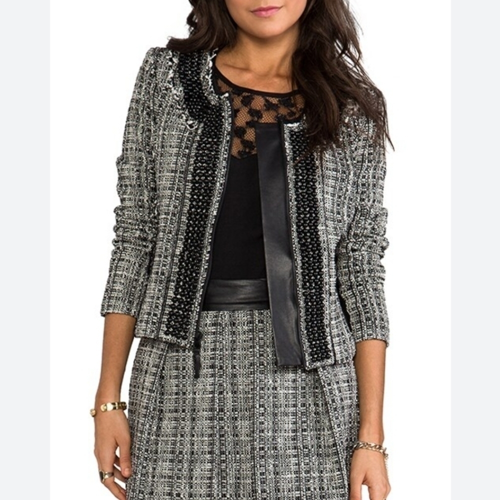 Milly Studded Leather-Trim Tweed Jacket